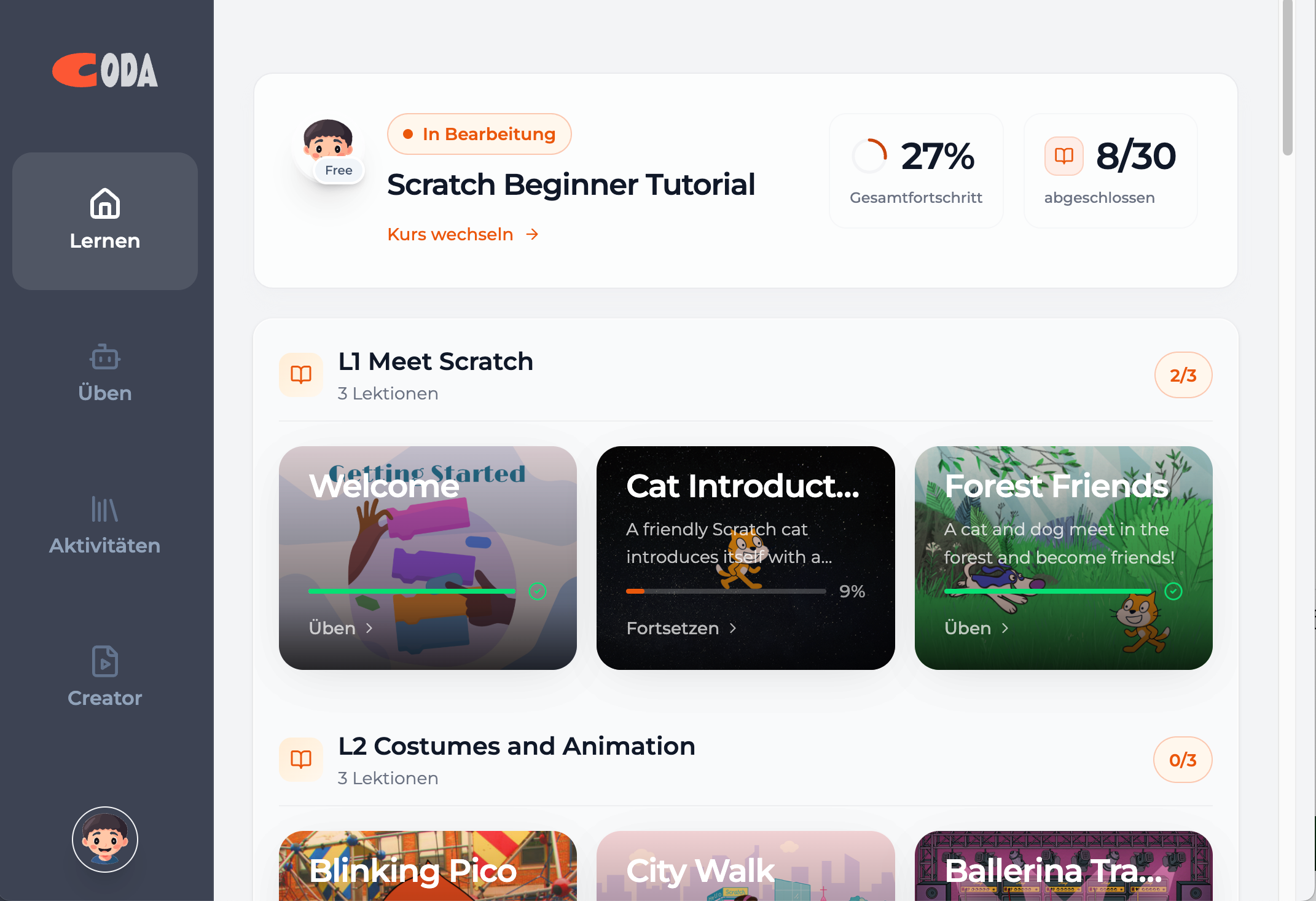 Strukturierte Kurs-Oberfläche