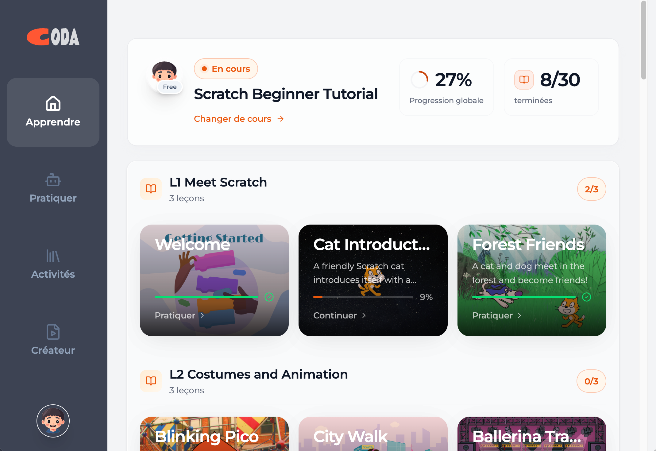Interface des cours structurés